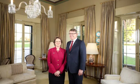 Her Excellency and Mr Bunten in the Queen Elizabeth II Room, Government House.