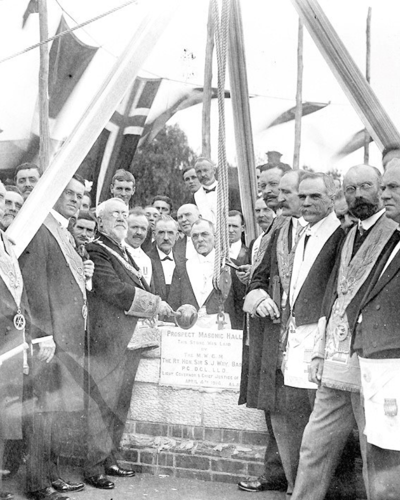 Sir Samuel Way Lieutenant Governor and Chief Justice of South Australia conducting a foundation stone ceremony for the new Prospect Masonic Hall on April 4 1914