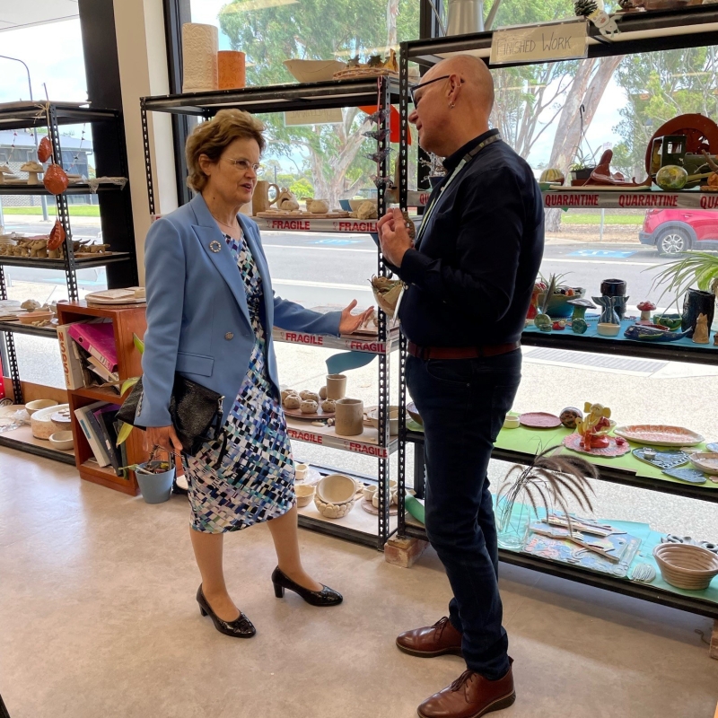 Her Excellency viewing some of the client artwork at Minda Headquarters