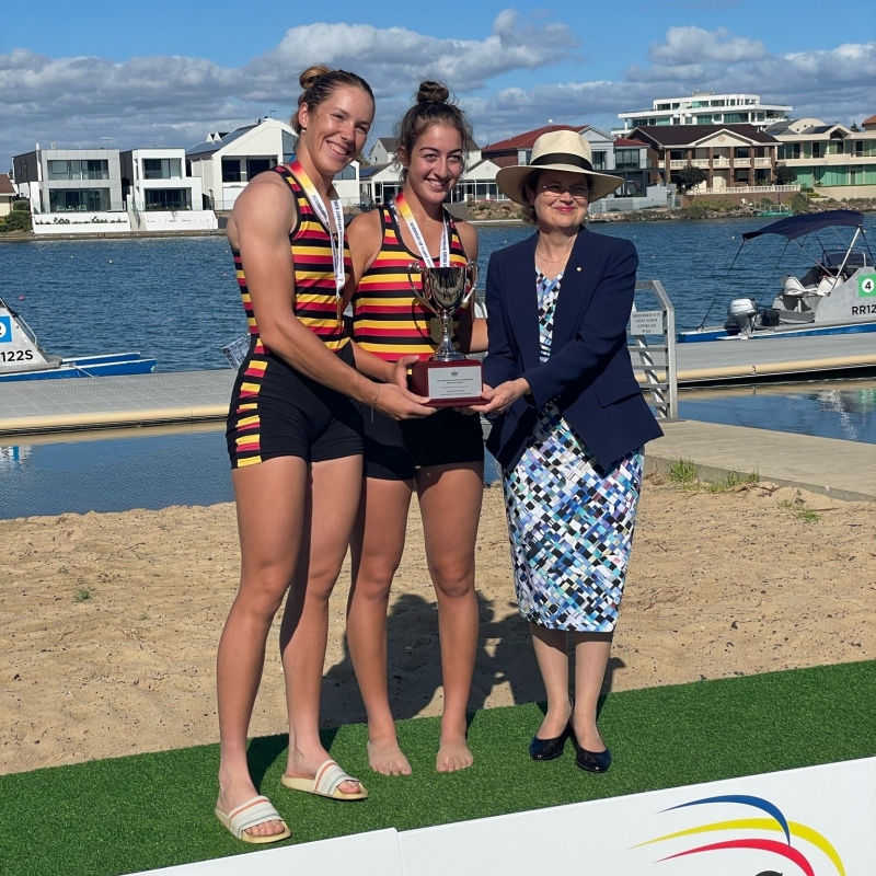 Her Excellency with Georgina Taeger and Ella Bramwell winnres of the Honourable Frances Adamson AC Perpetual Trophy
