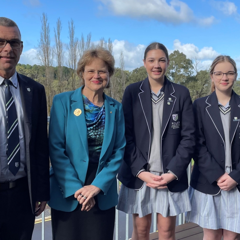 Her Excellency with Hills Christian College principal and students
