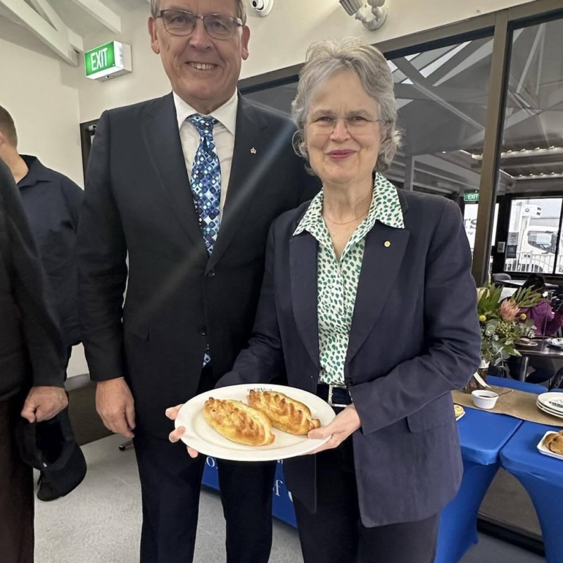 Mr Bunten and Her Excellency with their cornish pie that they baked