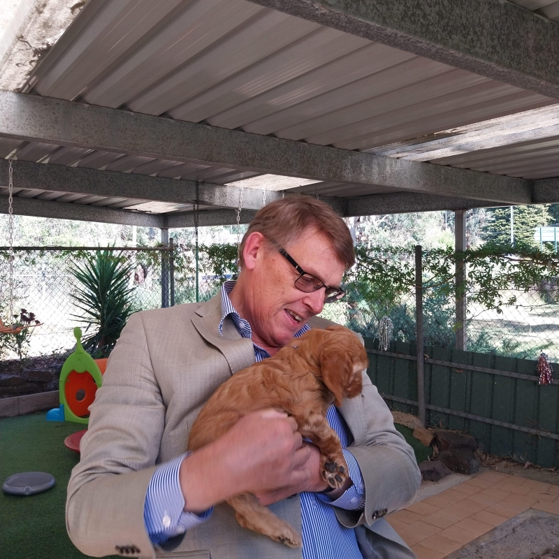 Mr Bunten holding a puppy at the Australian Lions Hearing Dogs National Training Centre in Verdun