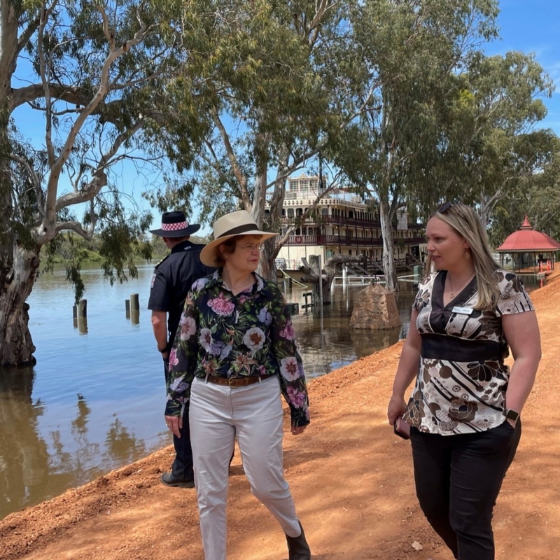 The Governor walking along a riverbed while talking to Her Worship Ms Simone Bailey, Mayor of the Mid Murray Council.